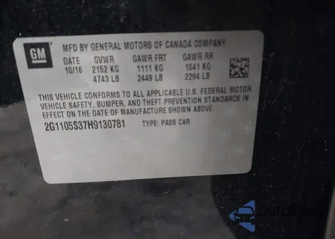 2017 Chevrolet Impala Lt from USA, damaged, VIN 2G1105S37H9130781